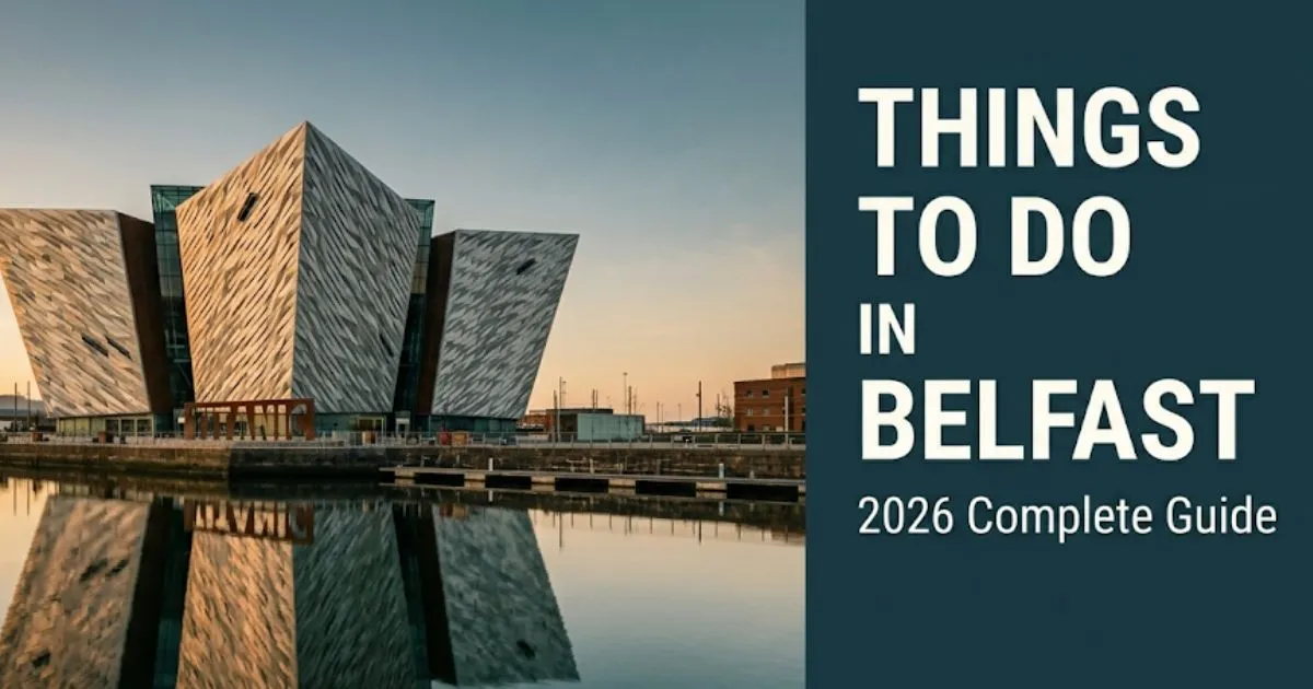 Things to do in Belfast 2026 travel guide showing the Titanic Belfast museum and Hamilton Dock at golden hour.