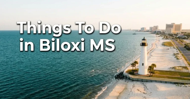 Things to do in Biloxi MS hero banner showing Biloxi Lighthouse and Gulf Coast beach at golden hour