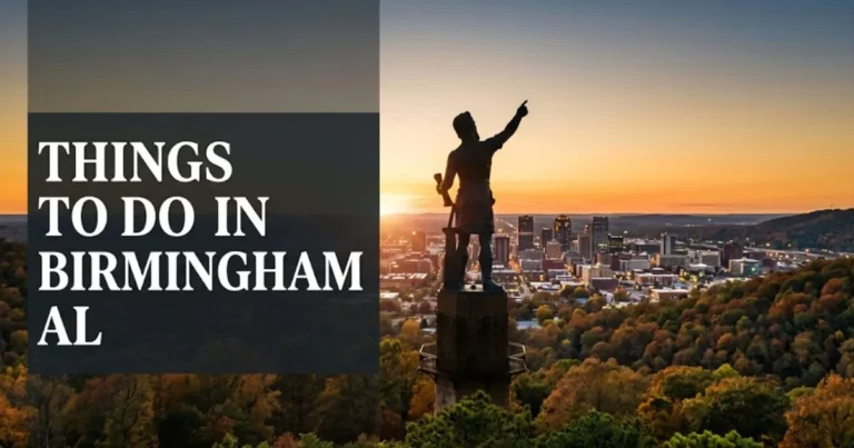 Things to do in Birmingham AL hero image showing Vulcan statue at golden hour above the Birmingham Alabama skyline