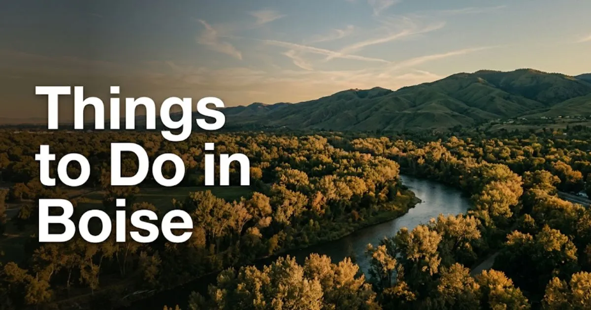 Things to do in Boise Idaho aerial view of the Boise River Greenbelt and foothills at golden hour