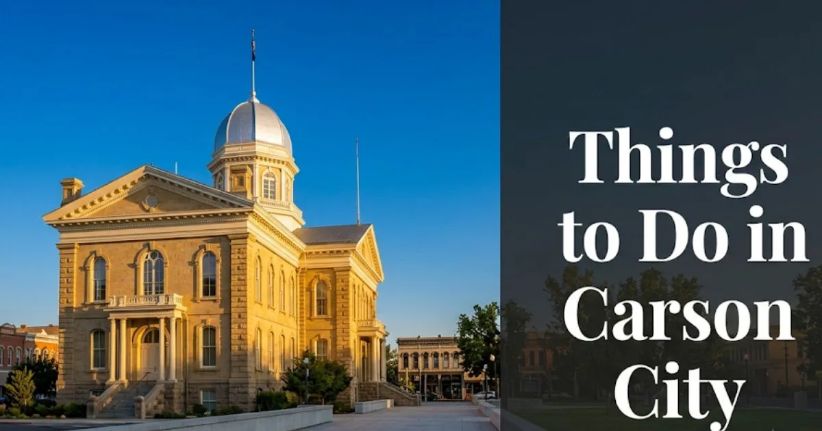 Things to do in Carson City Nevada — Nevada State Capitol Building at golden hour with historic downtown streetscape