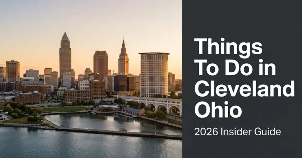 Things to do in Cleveland Ohio guide banner showing the Cleveland skyline and Lake Erie waterfront at golden hour.