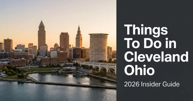 Things to do in Cleveland Ohio guide banner showing the Cleveland skyline and Lake Erie waterfront at golden hour.