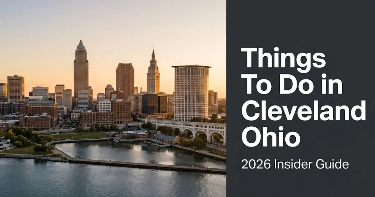 Things to do in Cleveland Ohio guide banner showing the Cleveland skyline and Lake Erie waterfront at golden hour.