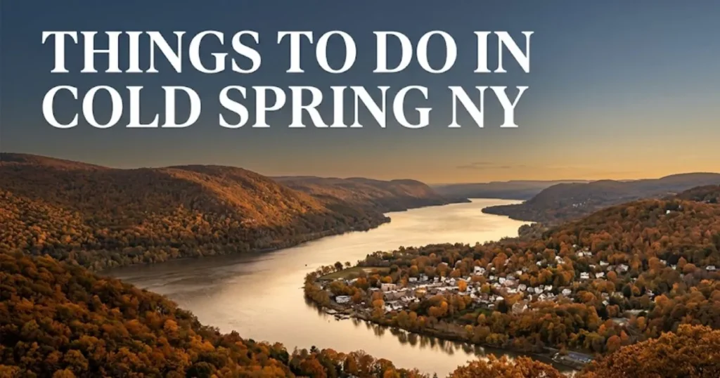Things to do in Cold Spring NY guide Hudson River view from Hudson Highlands ridge with autumn foliage and Cold Spring village below