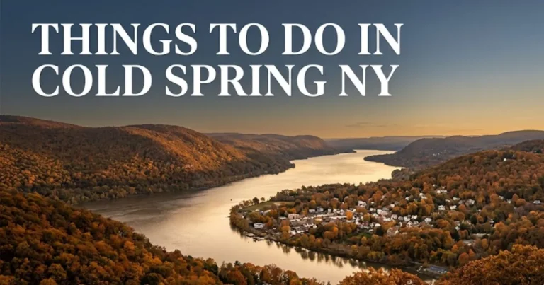 Things to do in Cold Spring NY guide Hudson River view from Hudson Highlands ridge with autumn foliage and Cold Spring village below
