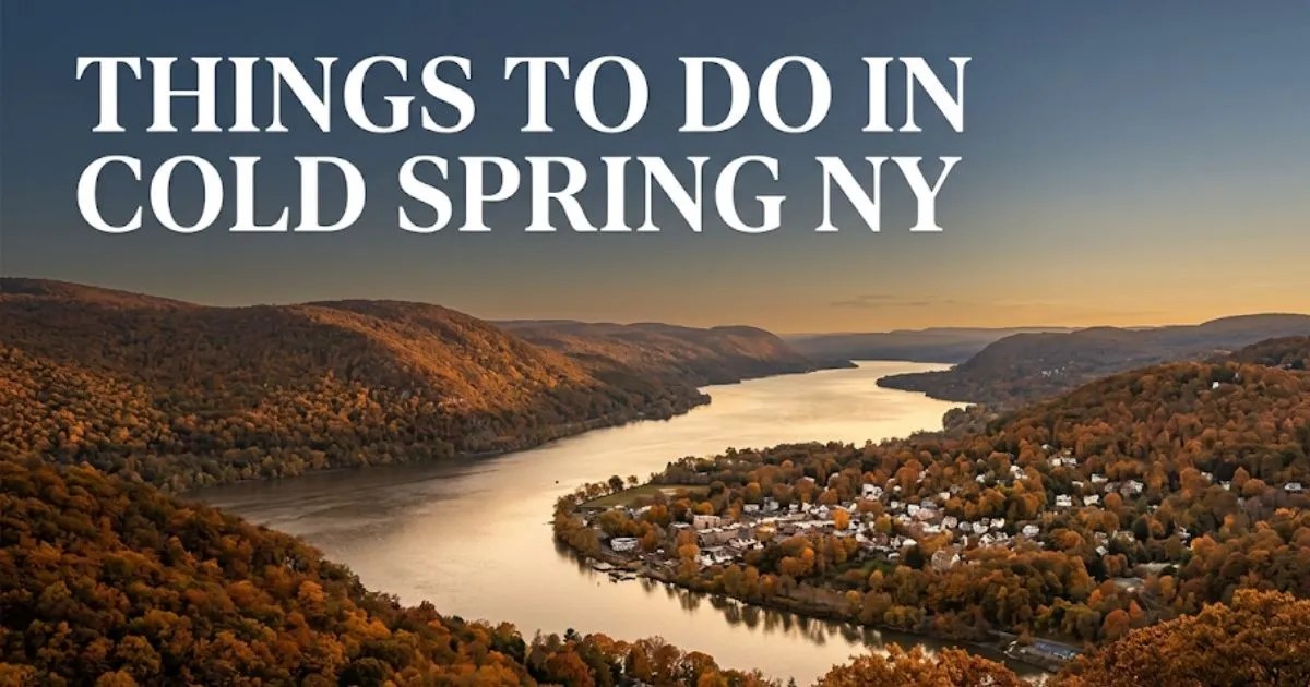 Things to do in Cold Spring NY guide Hudson River view from Hudson Highlands ridge with autumn foliage and Cold Spring village below