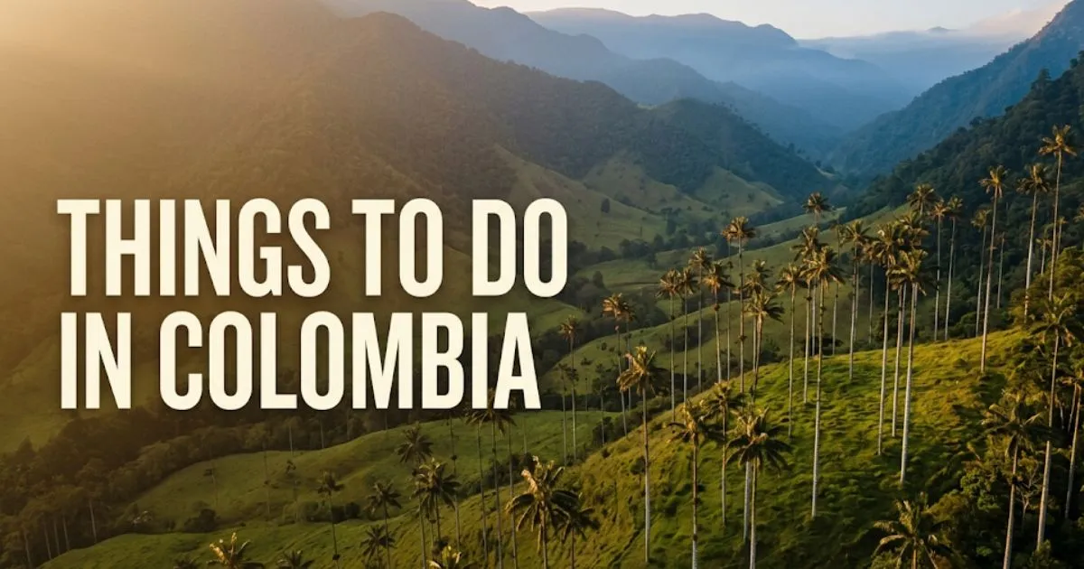 Things to do in Colombia hero image showing Cocora Valley wax palms at golden hour in the Coffee Region.