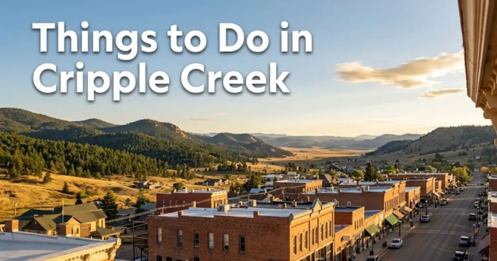 Things to do in Cripple Creek Colorado — Victorian Bennett Avenue streetscape at golden hour with mountain caldera backdrop