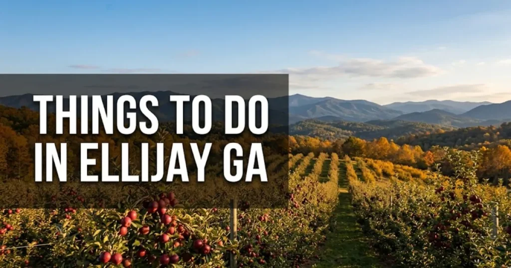 Things to do in Ellijay GA hero banner showing apple orchards and North Georgia mountain ridgelines in autumn golden light.