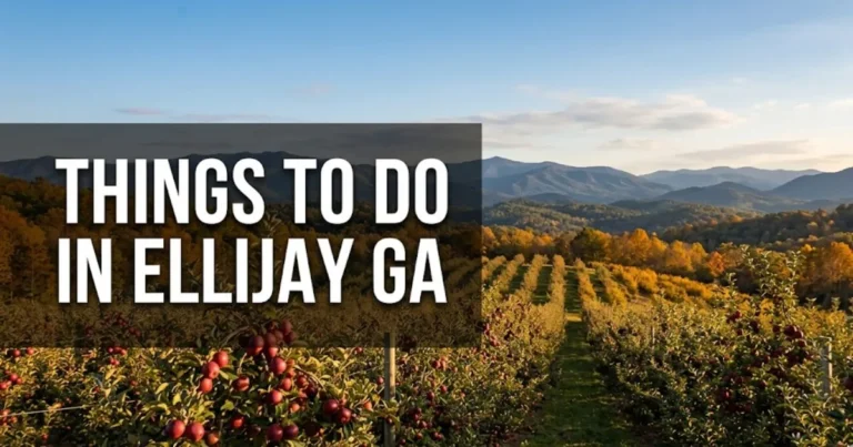 Things to do in Ellijay GA hero banner showing apple orchards and North Georgia mountain ridgelines in autumn golden light.