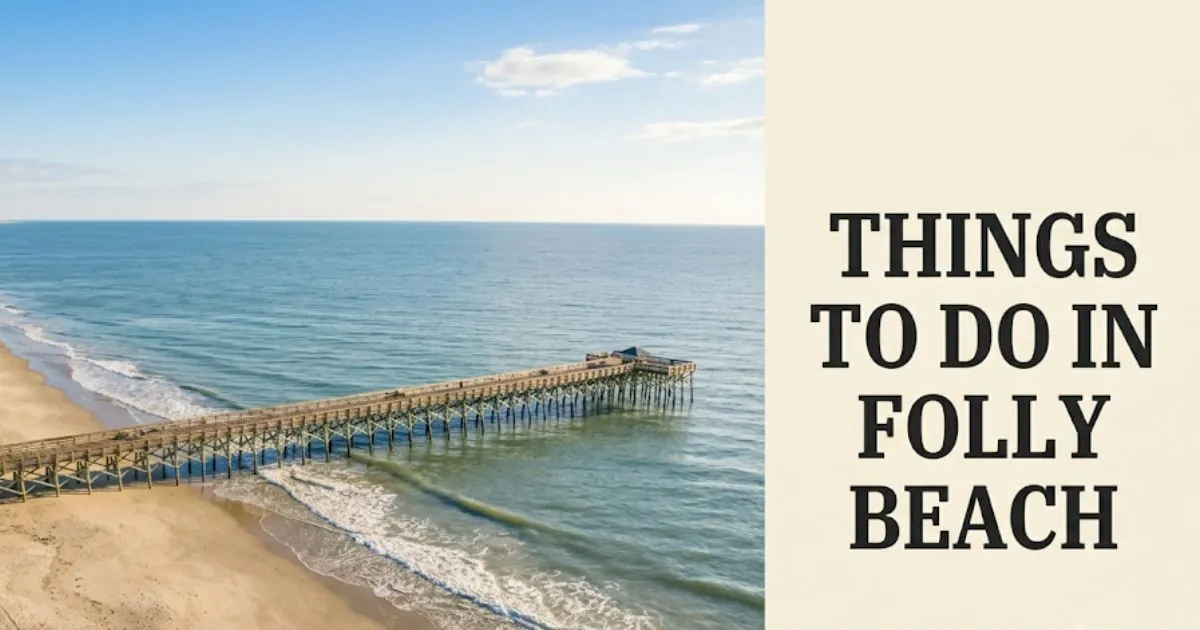 Things to do in Folly Beach SC, showing the fishing pier and Atlantic coastline from an aerial editorial view.