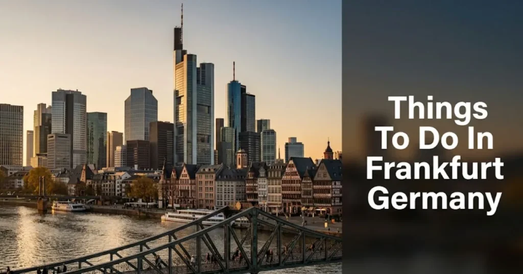 Things to do in Frankfurt Germany hero banner showing the Main River, Eiserner Steg bridge, and Frankfurt skyline at golden hour.