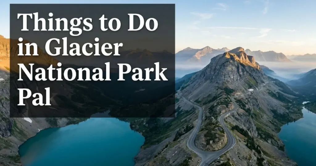 Things to do in Glacier National Park shown with aerial view of Going-to-the-Sun Road above turquoise glacial lakes at golden hour.