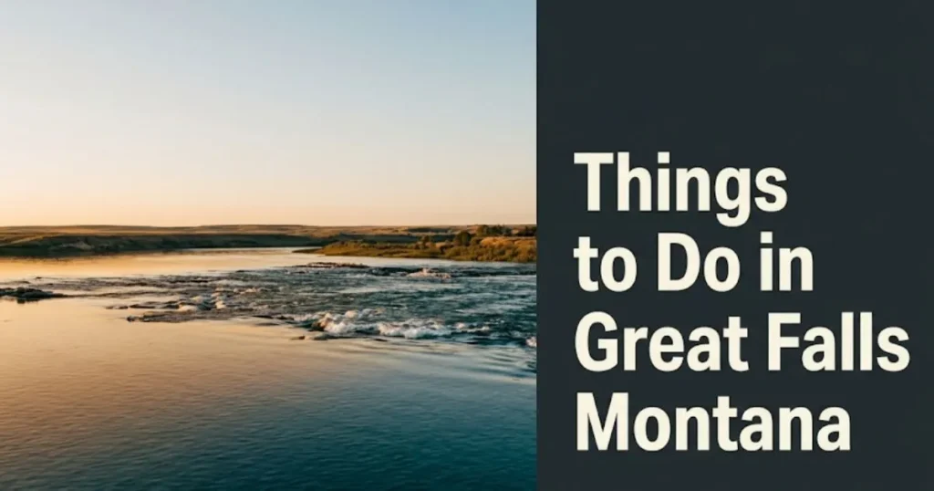 Things to do in Great Falls Montana hero banner with Missouri River at golden hour and editorial headline text overlay