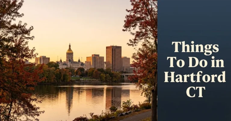 Things to do in Hartford CT Connecticut State Capitol dome and Connecticut River at golden hour, fall foliage foreground