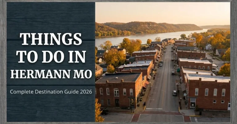 Things to do in Hermann MO guide showing historic Market Street brick storefronts with Missouri River and autumn bluffs in background.