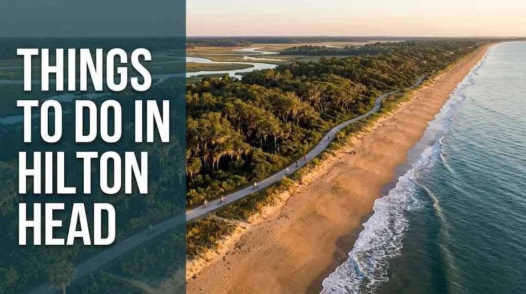 Things to do in Hilton Head Island aerial view of beach, bike paths, and maritime forest at golden hour.