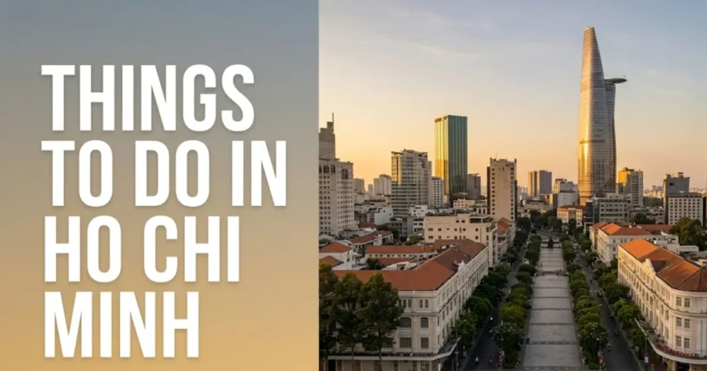 Things to do in Ho Chi Minh City aerial view of District 1 skyline at golden hour with Bitexco Financial Tower.
