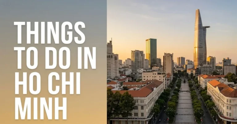 Things to do in Ho Chi Minh City aerial view of District 1 skyline at golden hour with Bitexco Financial Tower.