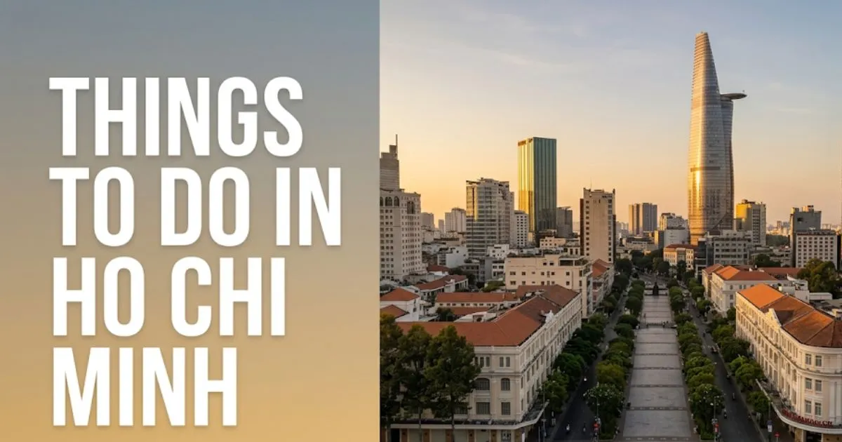 Things to do in Ho Chi Minh City aerial view of District 1 skyline at golden hour with Bitexco Financial Tower.
