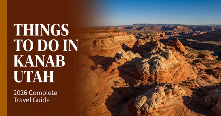 Things to do in Kanab Utah guide hero banner with red sandstone formations at golden hour and 2026 travel headline text.