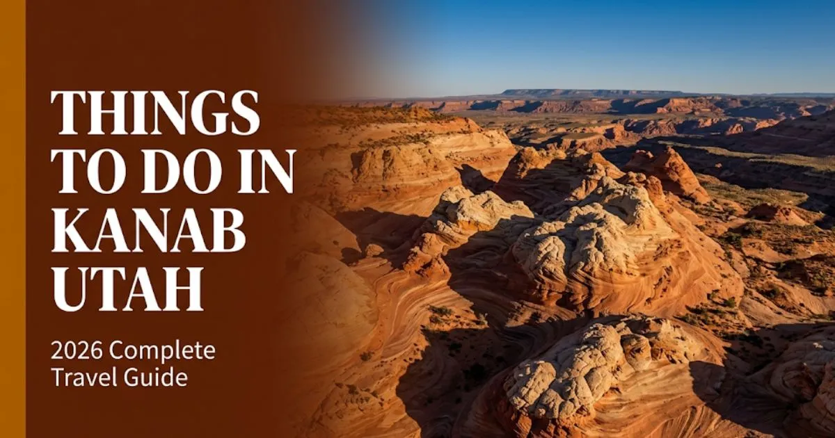 Things to do in Kanab Utah guide hero banner with red sandstone formations at golden hour and 2026 travel headline text.