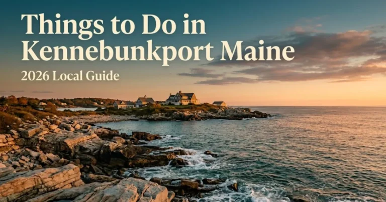 Things to do in Kennebunkport Maine guide showing Walker's Point coastal view with autumn golden hour light and Atlantic Ocean scenery.