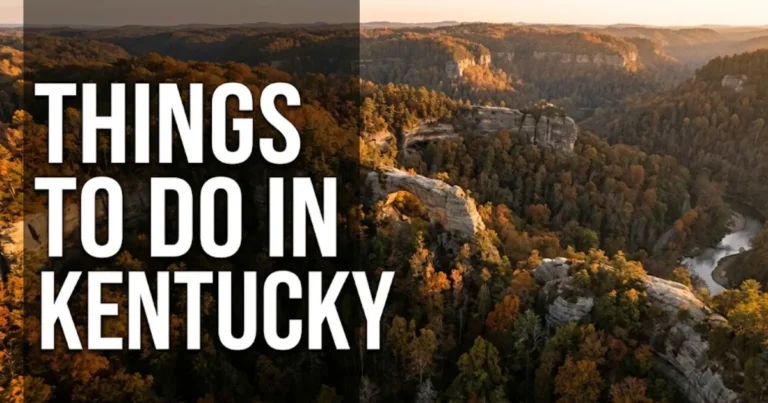 Things to do in Kentucky travel guide hero image showing Red River Gorge fall foliage and sandstone arch at golden hour