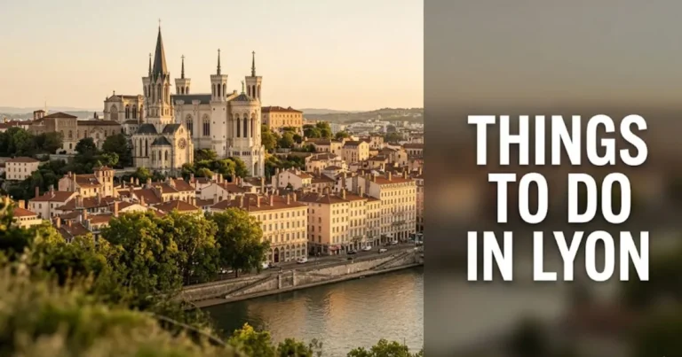 Things to do in Lyon France, with the Basilica of Notre-Dame de Fourvière above Vieux-Lyon's Renaissance rooftops at golden hour.
