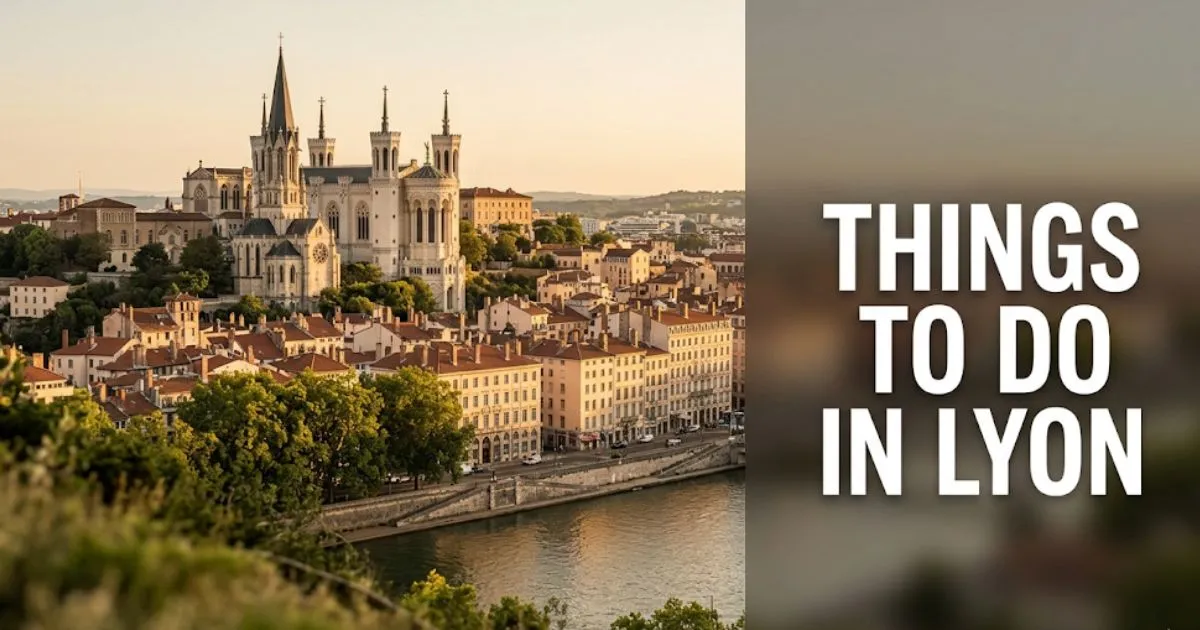 Things to do in Lyon France, with the Basilica of Notre-Dame de Fourvière above Vieux-Lyon's Renaissance rooftops at golden hour.