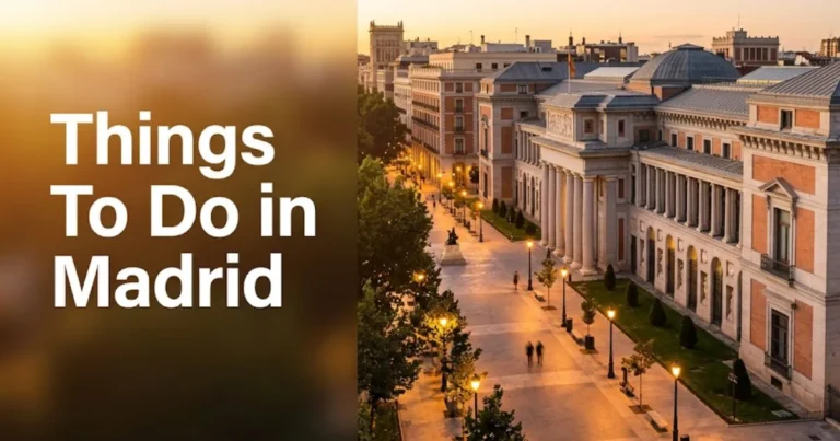Things to do in Madrid Spain editorial travel guide banner showing Paseo del Prado boulevard at golden hour