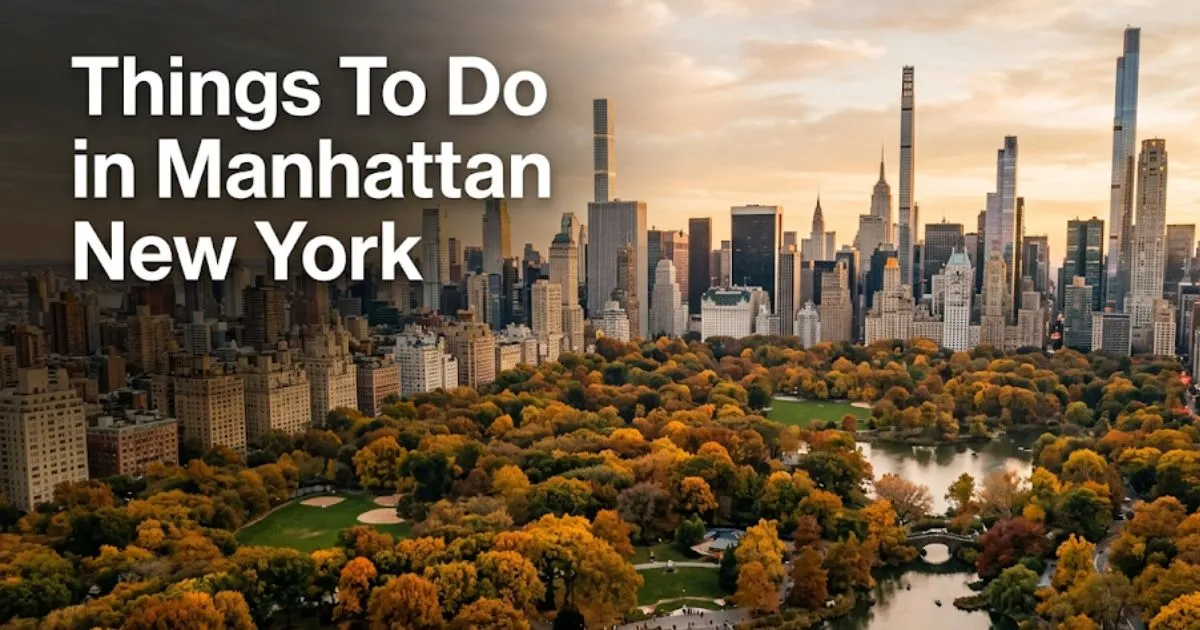 Things to do in Manhattan New York aerial view of Central Park in autumn with the Midtown skyline in the background