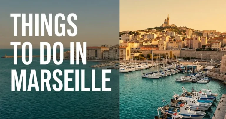 Things to do in Marseille France Vieux-Port harbor at golden hour with Notre-Dame de la Garde in the background.