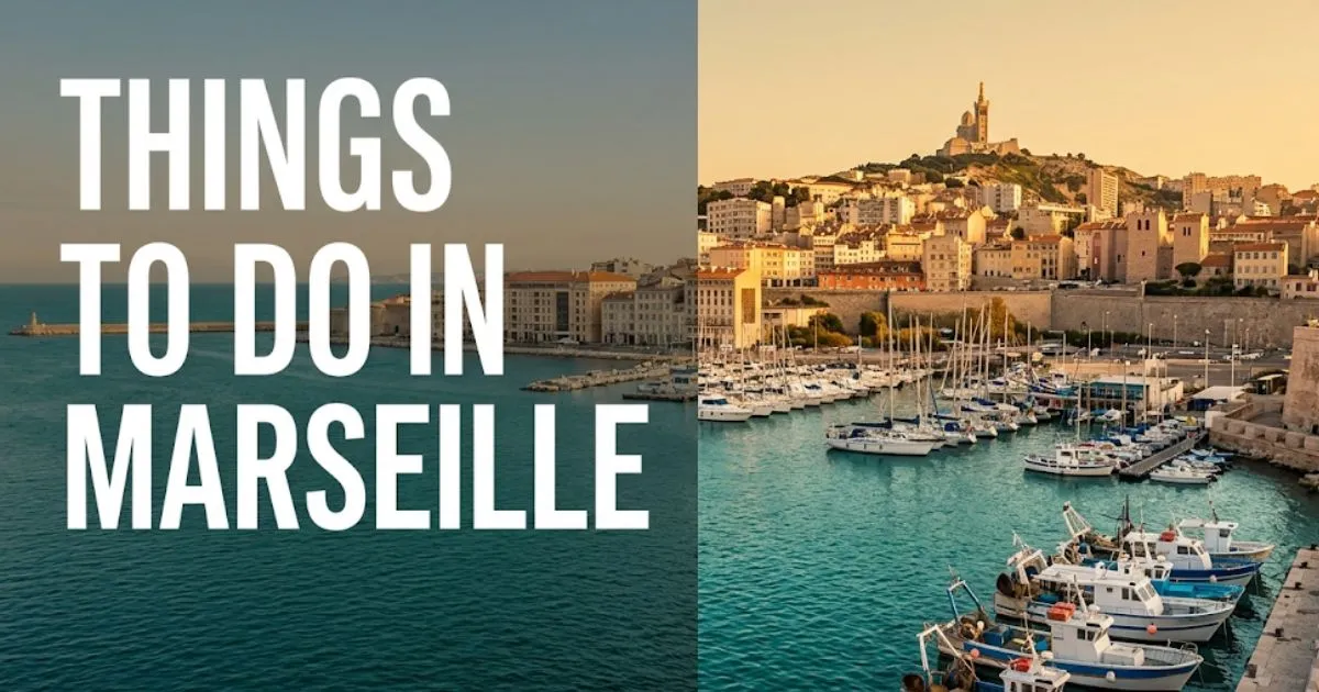 Things to do in Marseille France Vieux-Port harbor at golden hour with Notre-Dame de la Garde in the background.