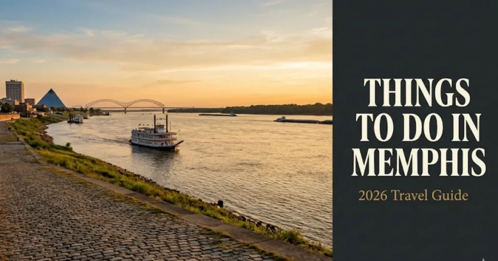 Things to do in Memphis guide featuring the Mississippi River waterfront at golden hour with the 2026 travel guide headline.