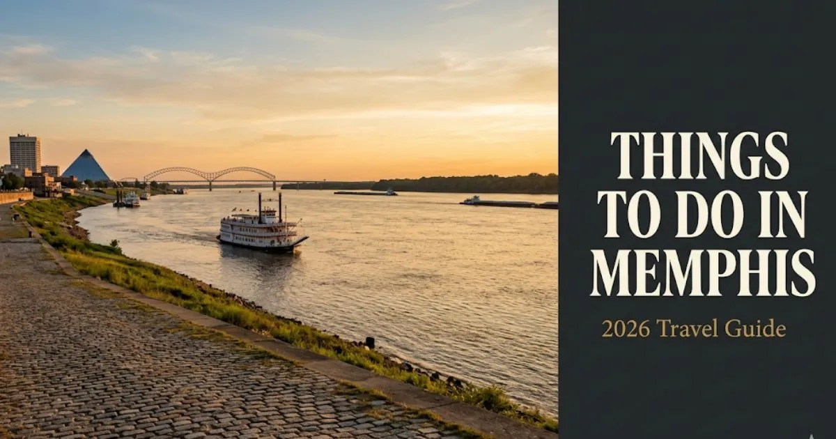 Things to do in Memphis guide featuring the Mississippi River waterfront at golden hour with the 2026 travel guide headline.