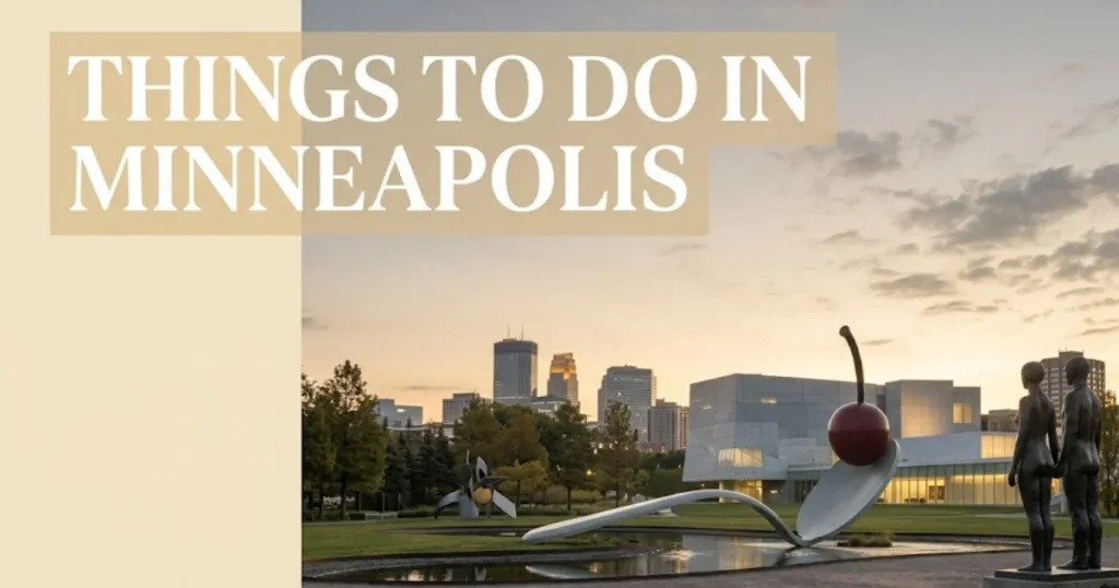 Things to do in Minneapolis guide hero image showing the Minneapolis Sculpture Garden at golden hour with the Spoon Bridge and Cherry sculpture