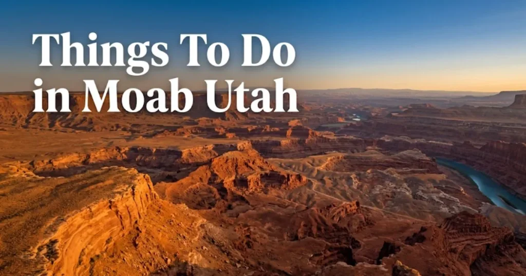 Things to do in Moab Utah guide hero image showing red canyon formations and Colorado River at golden hour