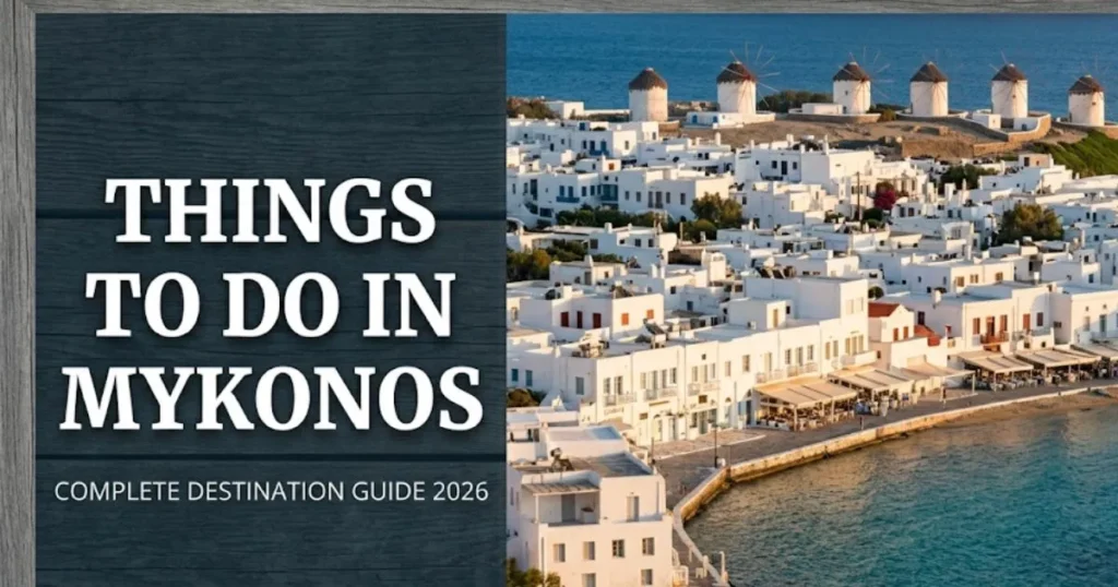 Things to do in Mykonos 2026 guide showing Chora's whitewashed buildings and Kato Myli windmills at golden hour