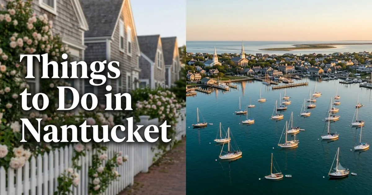 Things to do in Nantucket guide Nantucket Harbor at golden hour with historic gray-shingled architecture and sailing boats