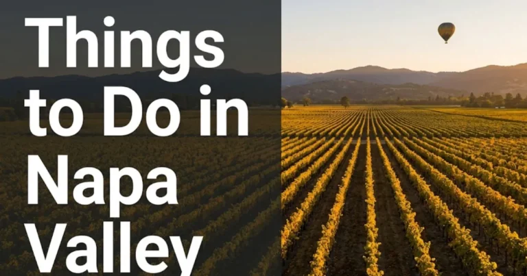 Things to do in Napa Valley aerial view of golden-hour vineyard rows with Mayacamas Mountains and hot air balloon in background.