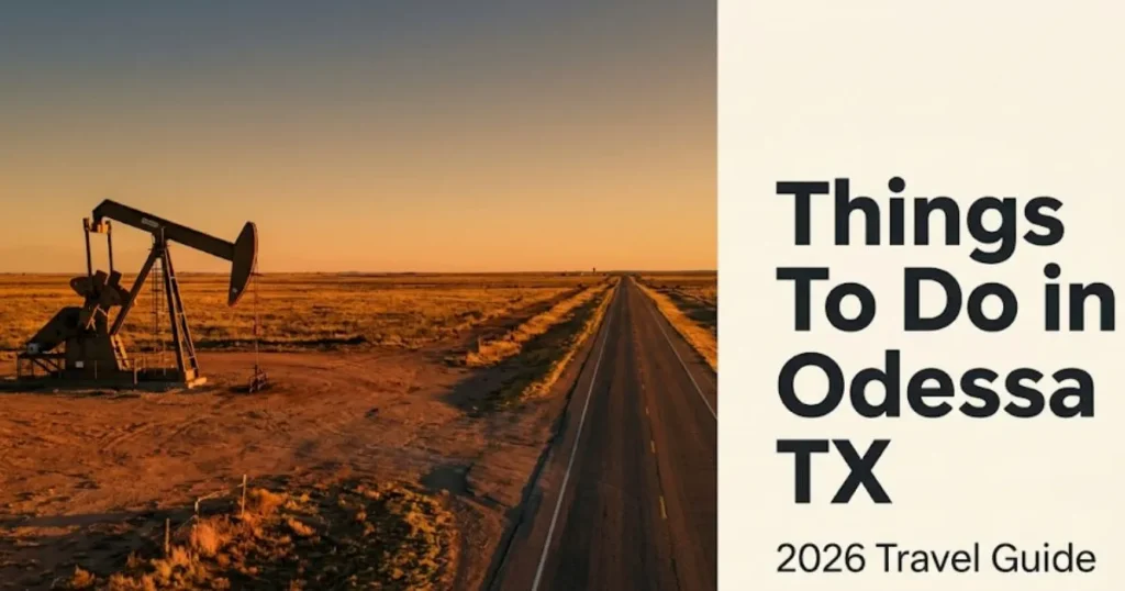 Things to do in Odessa TX travel guide hero banner with West Texas desert landscape and pump jack at golden hour
