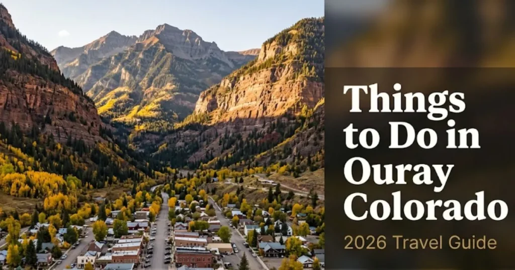 Things to do in Ouray Colorado travel guide hero banner showing the town's box canyon setting with San Juan Mountains at golden hour