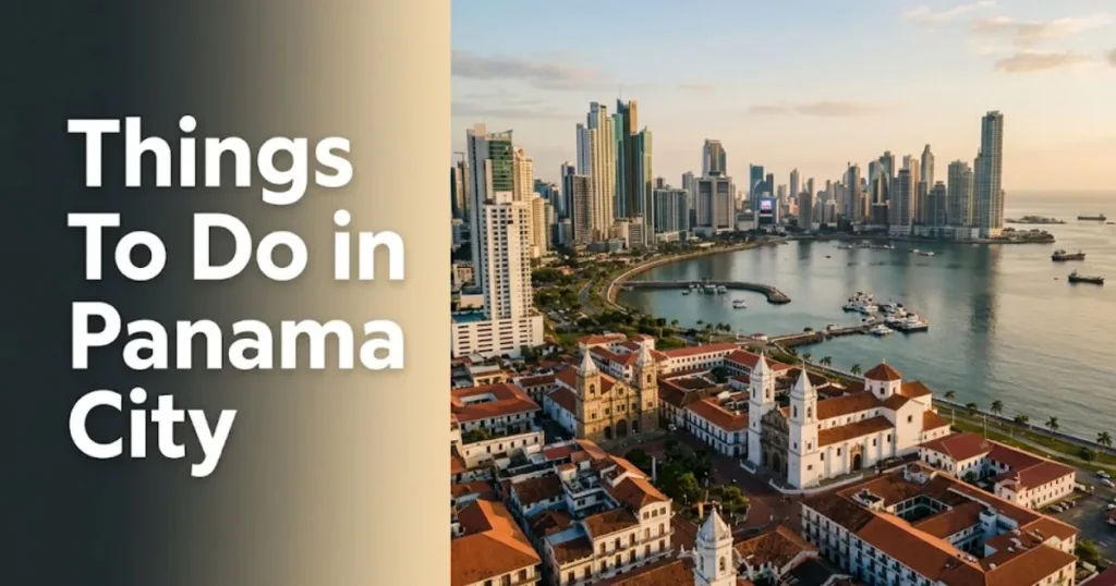 Things to do in Panama City Panama skyline showing Casco Viejo and modern towers at golden hour from the bay