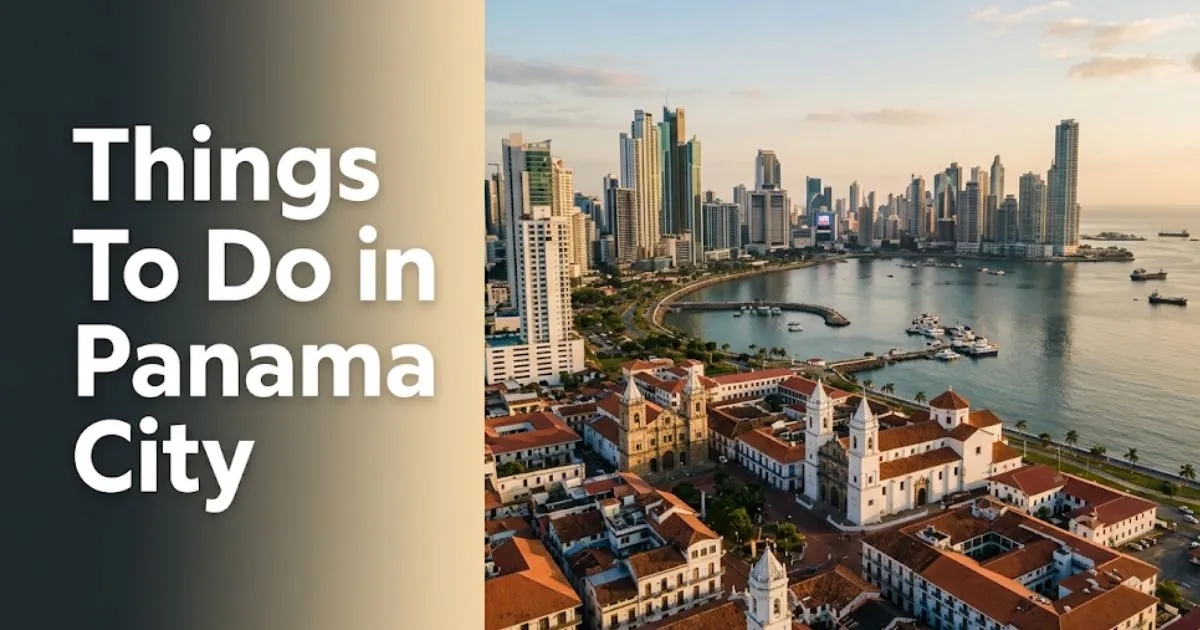 Things to do in Panama City Panama skyline showing Casco Viejo and modern towers at golden hour from the bay