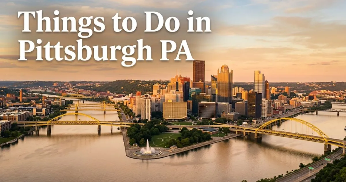 Things to do in Pittsburgh PA hero image showing Pittsburgh's three-river confluence and Downtown skyline at golden hour from aerial view.