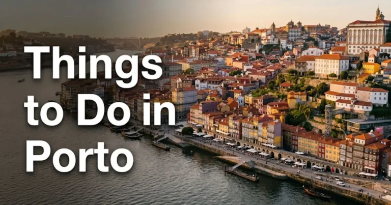 Things to do in Porto Portugal guide, aerial golden-hour view of the Ribeira waterfront and Douro River from above