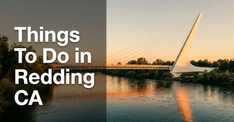 Things to do in Redding CA guide showing the iconic Sundial Bridge spanning the Sacramento River at golden hour