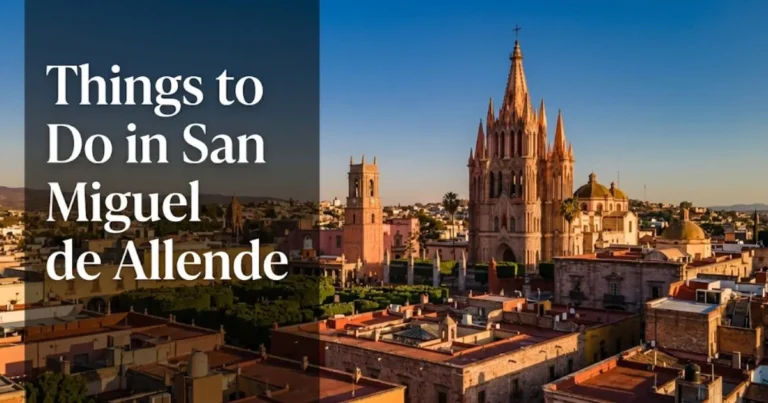Things to do in San Miguel de Allende golden-hour view of the Parroquia de San Miguel Arcángel and rooftop skyline.